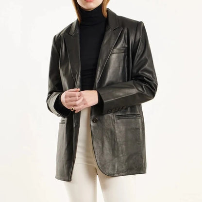 Women Genuine Black Leather Blazer Jacket