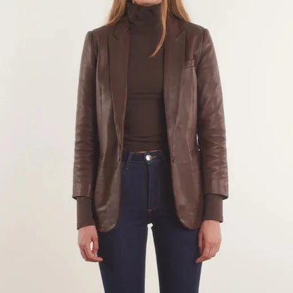 Brown Genuine Leather Blazer Coat Women