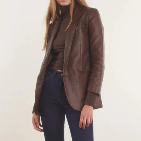 Brown Genuine Leather Blazer Coat Women