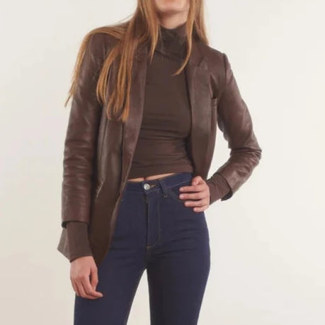 Brown Genuine Leather Blazer Coat Women