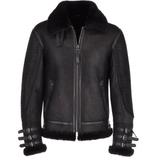 Black Aviator Bomber Shearling Leather Jacket