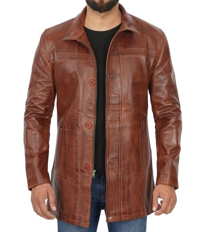 3/4 Length Distressed Mens Brown Leather Car Coat
