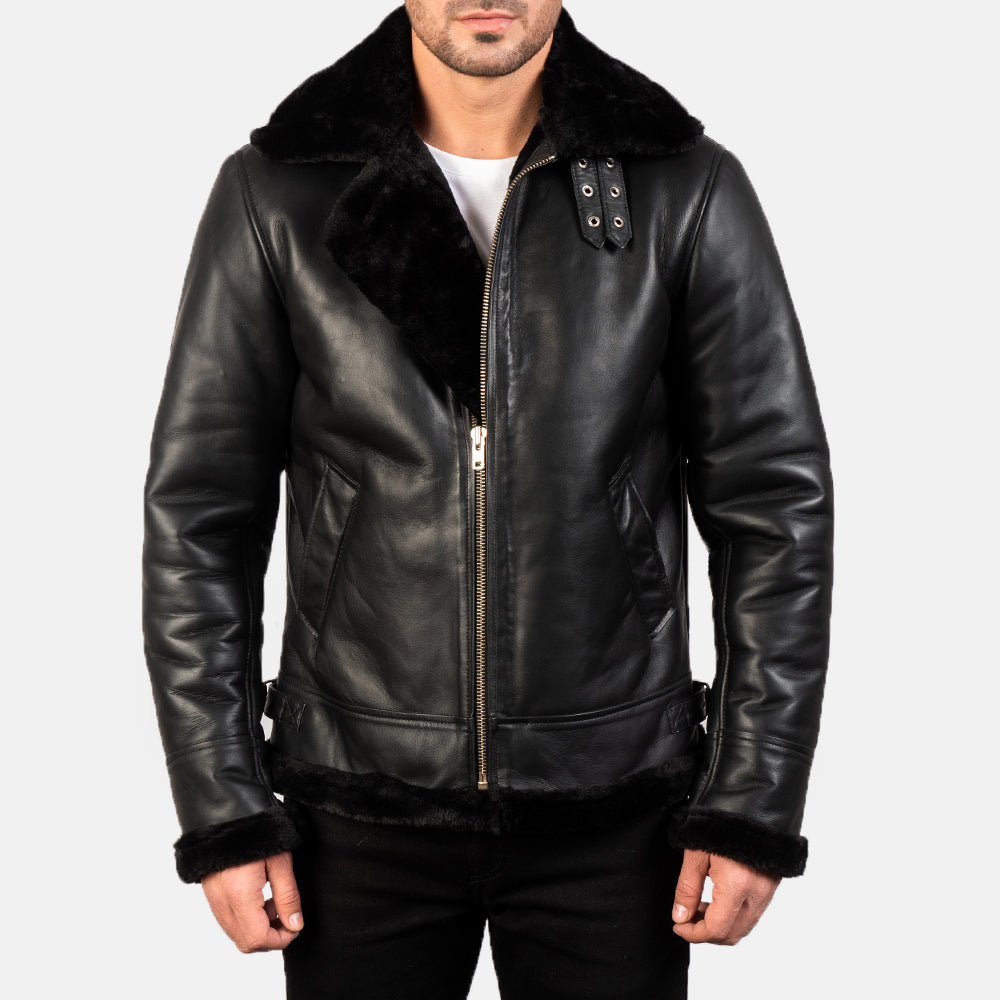 B-3 Bomber Black Shearling Leather Jacket