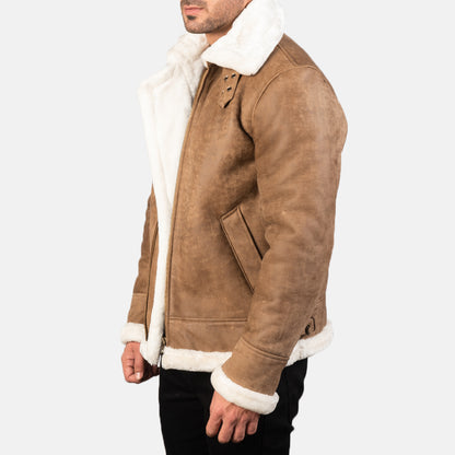 Men's Distressed Brown Shearling Leather B3 Bomber Jacket