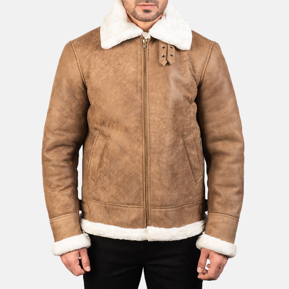 Men's Distressed Brown Shearling Leather B3 Bomber Jacket