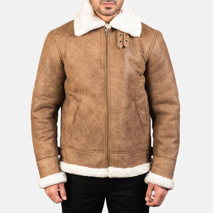 Men's Distressed Brown Shearling Leather B3 Bomber Jacket