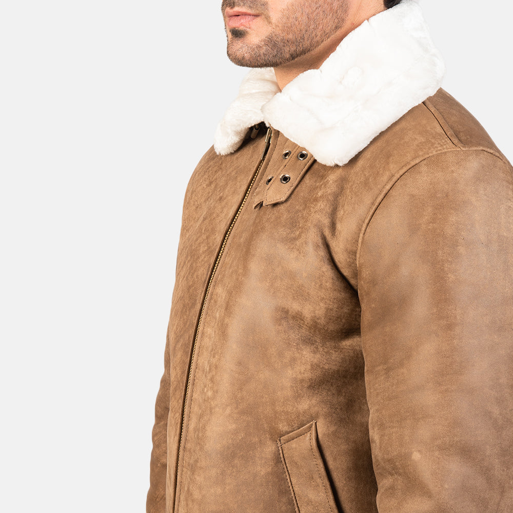 Men's Distressed Brown Shearling Leather B3 Bomber Jacket