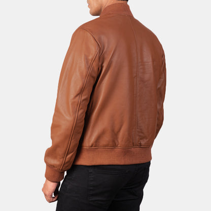 One Panel Brown Bomber Leather Jacket Mens