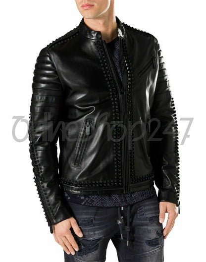 New Mens Philip Plein Black Punk Full Heavy Metal Spiked Studded Leather Jacket