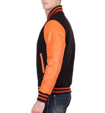 Men's Letterman Varsity Bomber Jacket with Striped Rib & Genuine Leather Sleeves - Orange