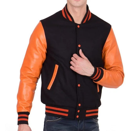 Men's Letterman Varsity Bomber Jacket with Striped Rib & Genuine Leather Sleeves - Orange