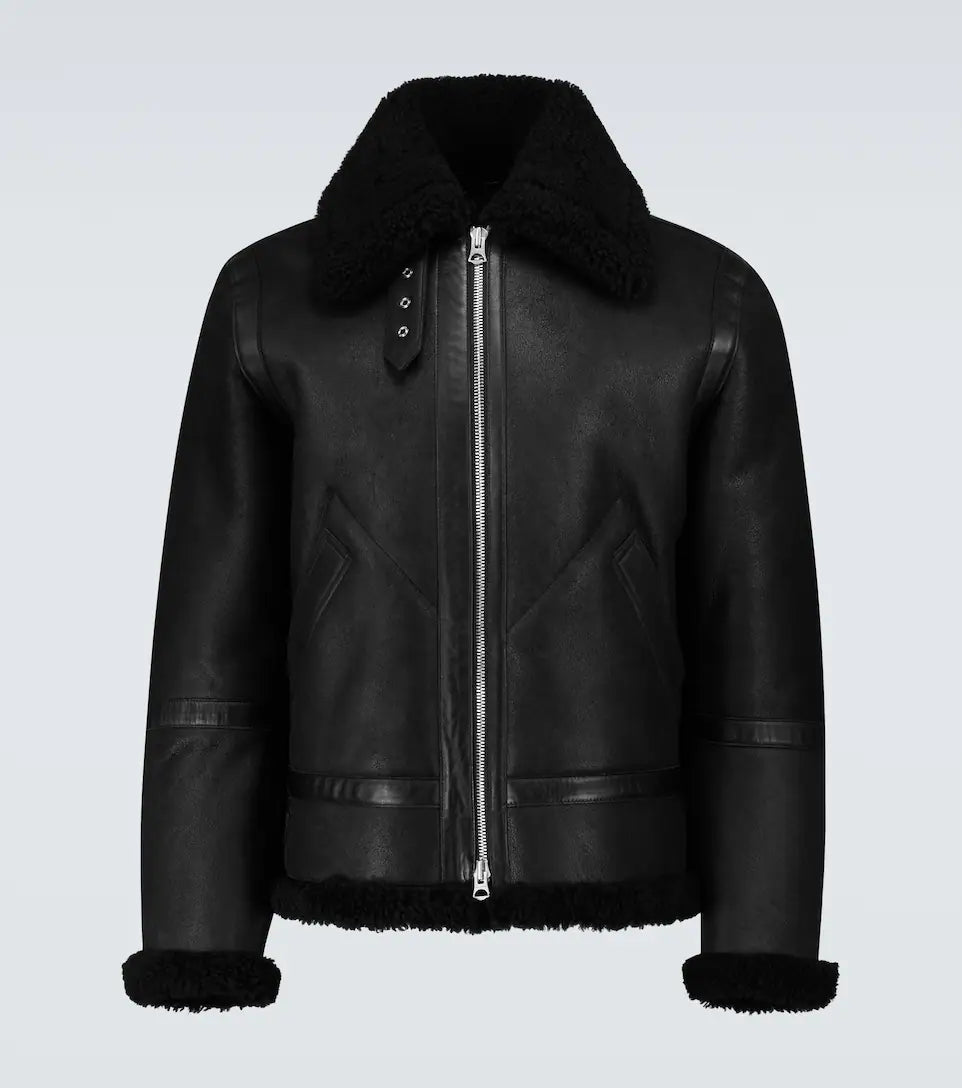 Black Shearling Leather Aviator Jacket