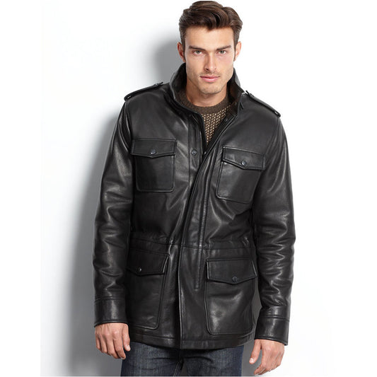 Men's Parka Four Pocket High Neck Genuine Leather Jacket