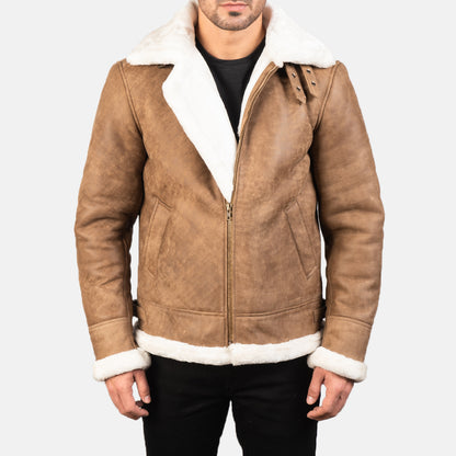 Men's Distressed Brown Shearling Leather B3 Bomber Jacket