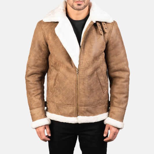 Men's Distressed Brown Shearling Leather B3 Bomber Jacket