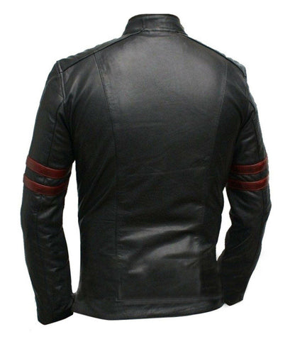 Fight Club Hybrid Mayhem Men's Slim Fit Red Stripes Black Biker Leather Jacket