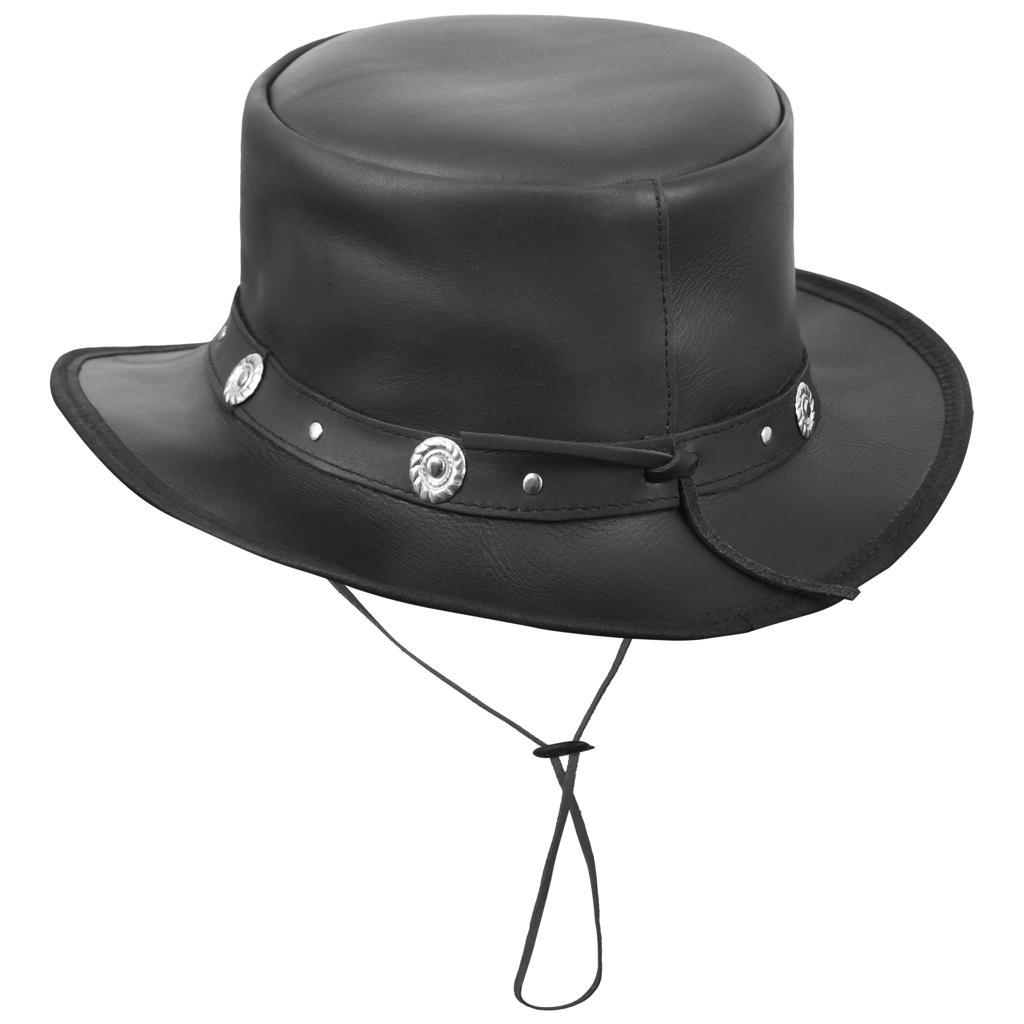 Black Leather Top Hat With Leather Conchos Band