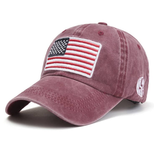 Maroon/ USA Flag Embroidered Cotton Soft Baseball Style Cap