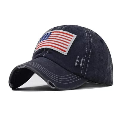 Blue Denim Distressed American Flag Patch Hat