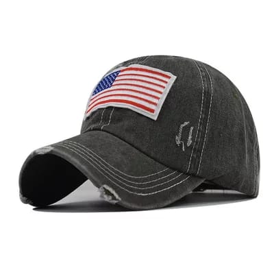 Grey Baseball Cap Distressed Denim American Flag Hat