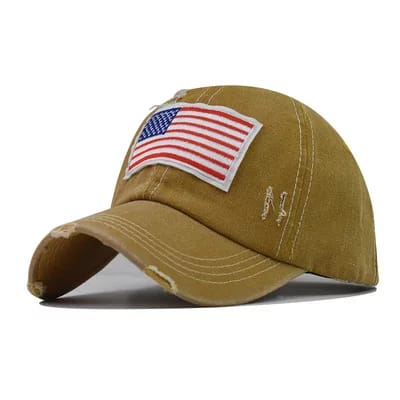 American Flag Patch Hat Distressed Denim Baseball Cap - Yellow