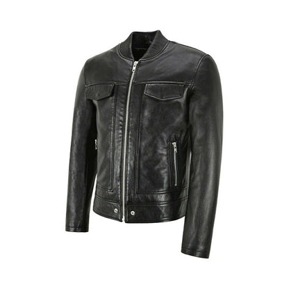 Men's Black Bomber Style Leather Trucker Jacket