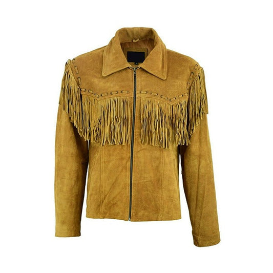 Mens New Native American Western Brown Suede Leather Jacket Fringe Tassels