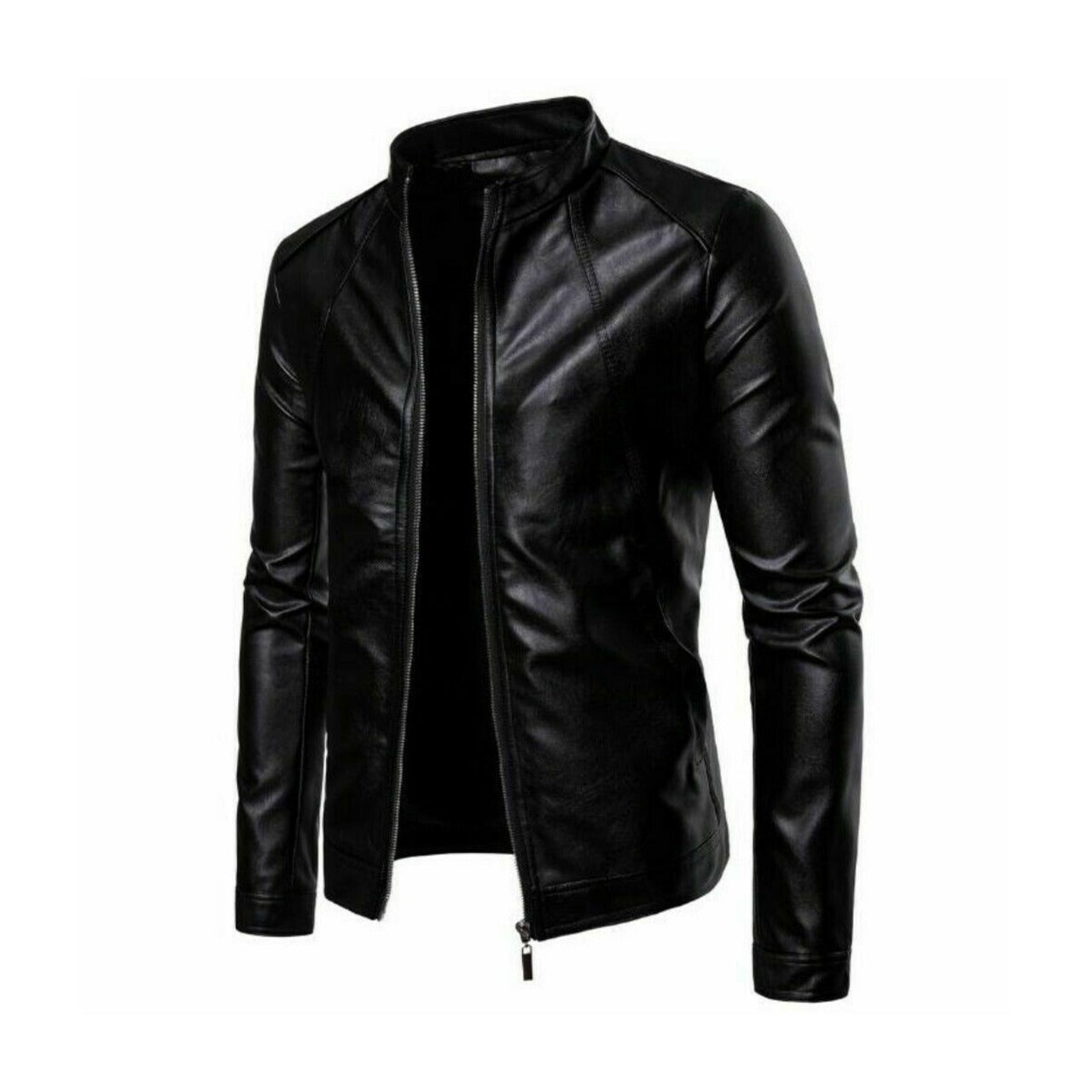 Men's Motorcycle Biker Leather Jacket Stand Collar Long sleeve Zipper Slim Fit