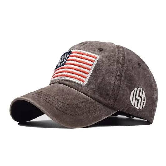Brown/ USA Flag Embroidered Cotton Soft Baseball Style Cap