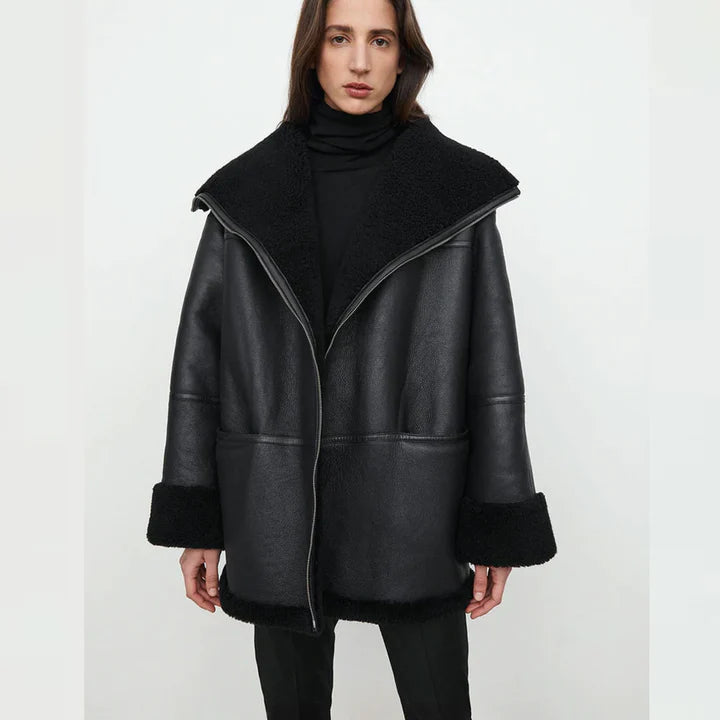 Black Oversized Shearling Leather Jacket Womens