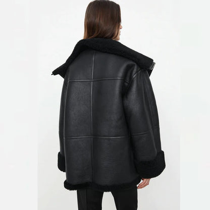 Black Oversized Shearling Leather Jacket Womens
