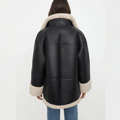 Women Oversized Black Leather Shearling Jacket