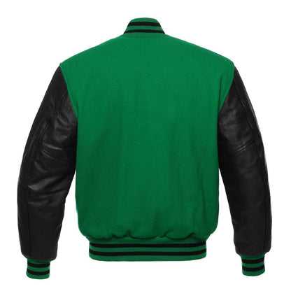 Men's Letterman Varsity Bomber Jacket with Striped Rib & Genuine Leather Sleeves - Green