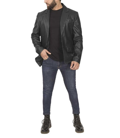 Men's Classic Genuine Black Leather Blazer Jacket