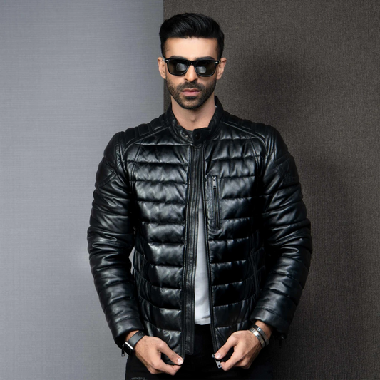 Men's Black Motorcycle Style Leather Puffer Jacket