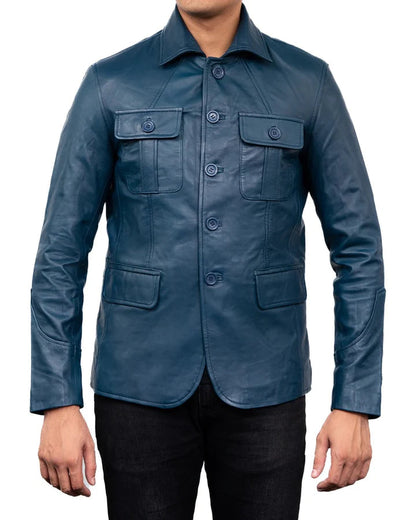 Men's Blue Leather Sports Coat 4 Pocket Leather Blazer Jacket