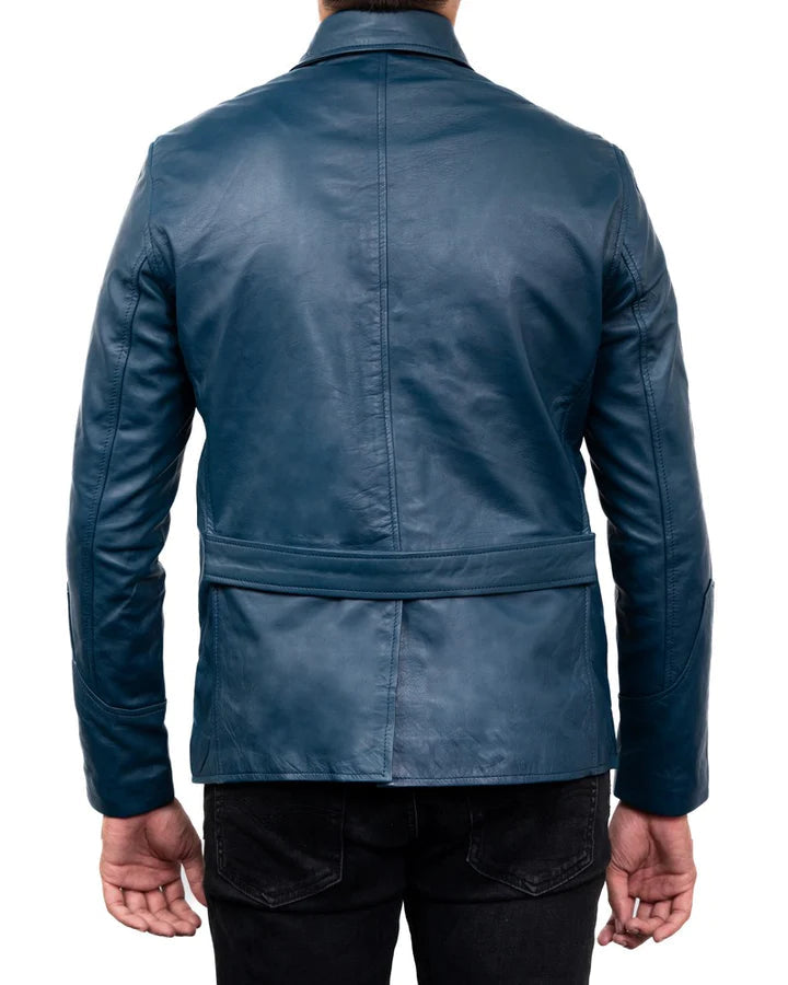 Men's Blue Leather Sports Coat 4 Pocket Leather Blazer Jacket