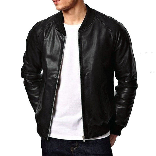 Men's Plain One Panel Black Bomber Jacket Leather
