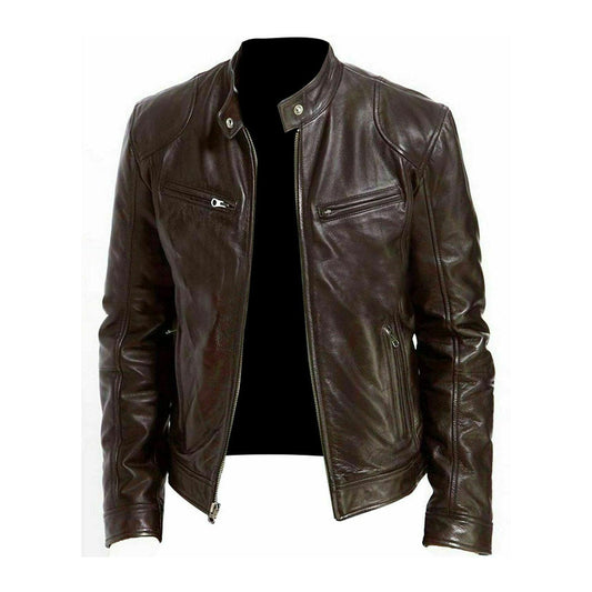 Men's Genuine Leather Brown Motorcycle Cafe Racer Jacket