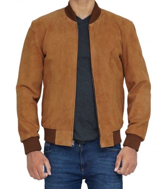 Men's Leather Brown Suede Bomber Jacket