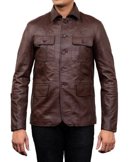 Men's Brown Leather Sports Coat 4 Pocket