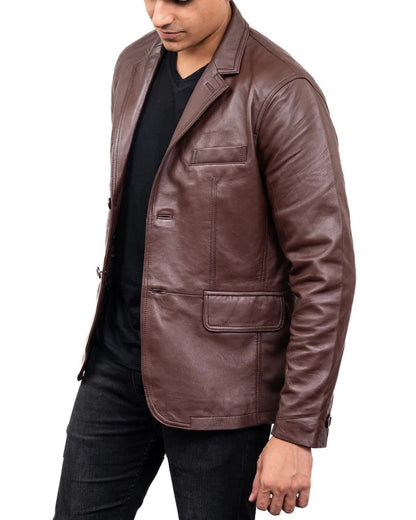 Men's Classic 2-Button Lambskin Leather Blazer - Dark Brown