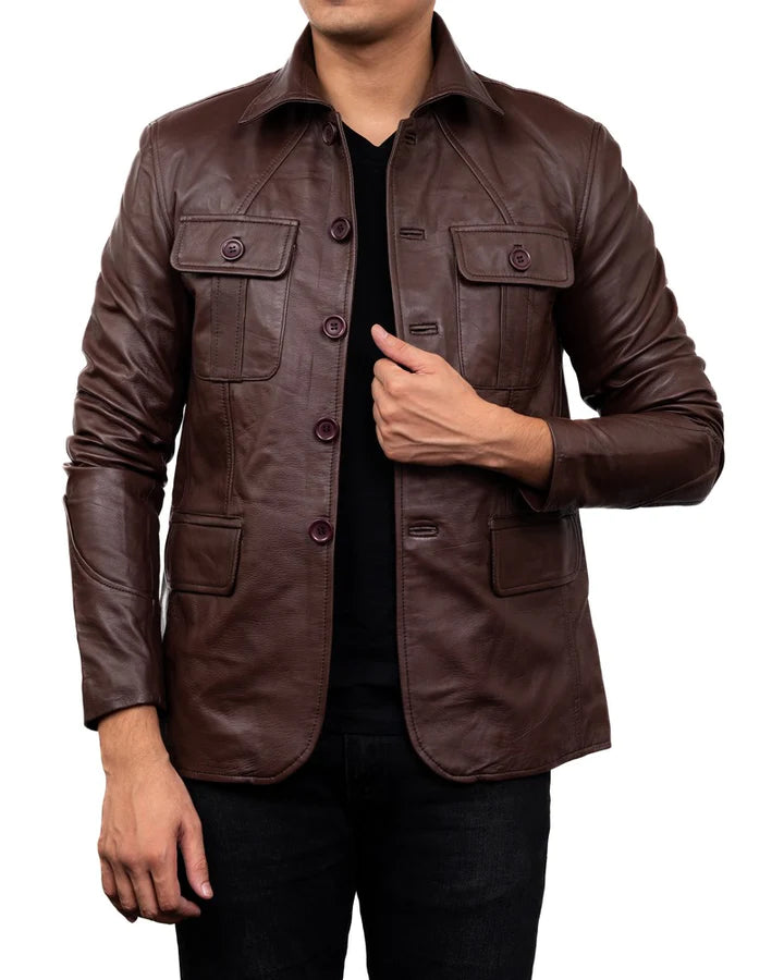 Men's Brown Leather Sports Coat 4 Pocket