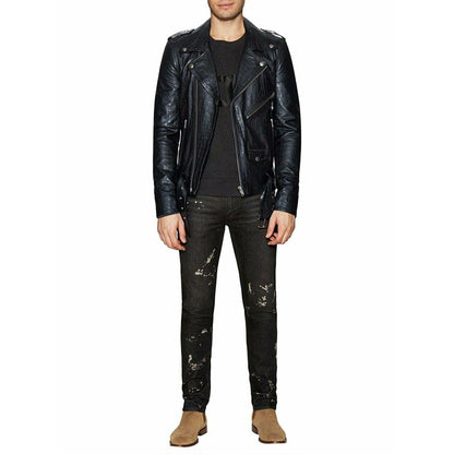 Men's Crocodile Print Genuine Leather Biker Style Jacket