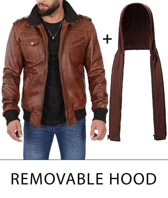 Brown Leather Bomber Jacket for Men with Removable Hood