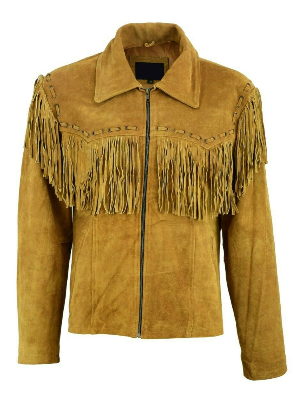 Mens New Native American Western Brown Suede Leather Jacket Fringe Tassels