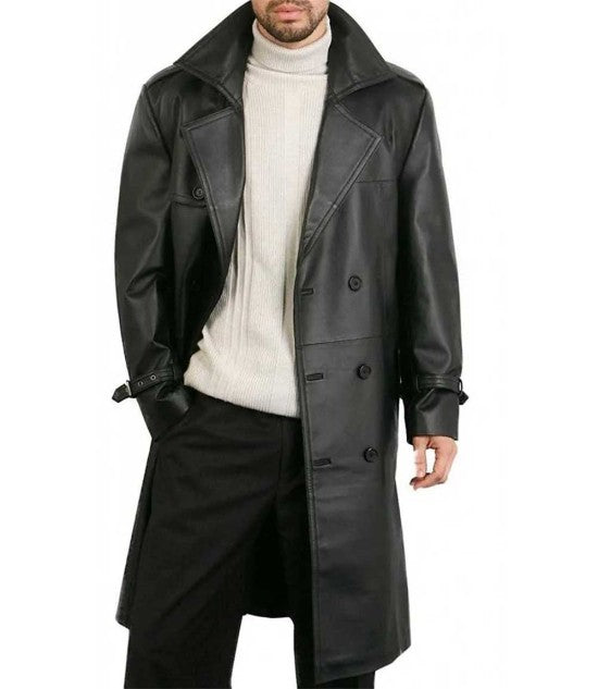 Mens Leather Trench Coat Full Length Black