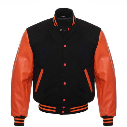 Men's Letterman Varsity Bomber Jacket with Striped Rib & Genuine Leather Sleeves - Orange