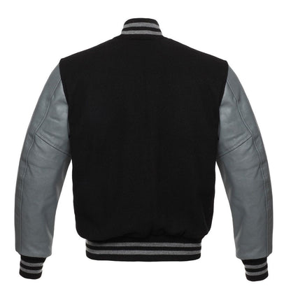 Men's Letterman Varsity Bomber Jacket with Striped Rib & Genuine Leather Sleeves - Black/Gray