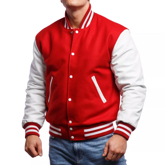 Men's Letterman Varsity Bomber Jacket with Striped Rib & Genuine Leather Sleeves - Red